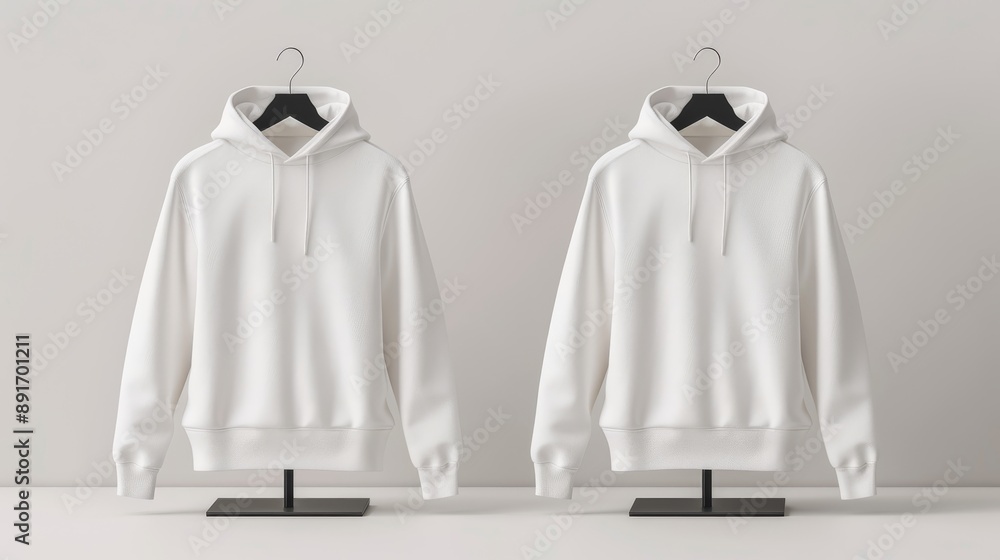 Two white hoodies hanging on a rack Two white hoodies hanging on a rack