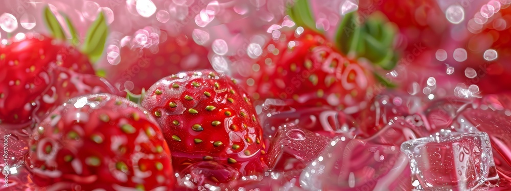 A close-up of the pink strawberries with ice cubes and green leaves scattered on top. A close-up of the pink strawberries with ice cubes and green leaves scattered on top.