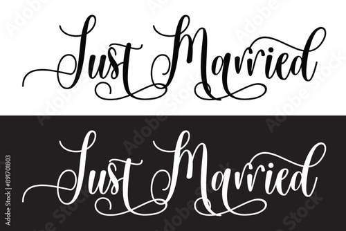 Just Married hand lettering phrase. Vector brush calligraphy text design isolated on white background.  Modern handmade calligraphy. Hand drawn lettering element for your design in eps 10.