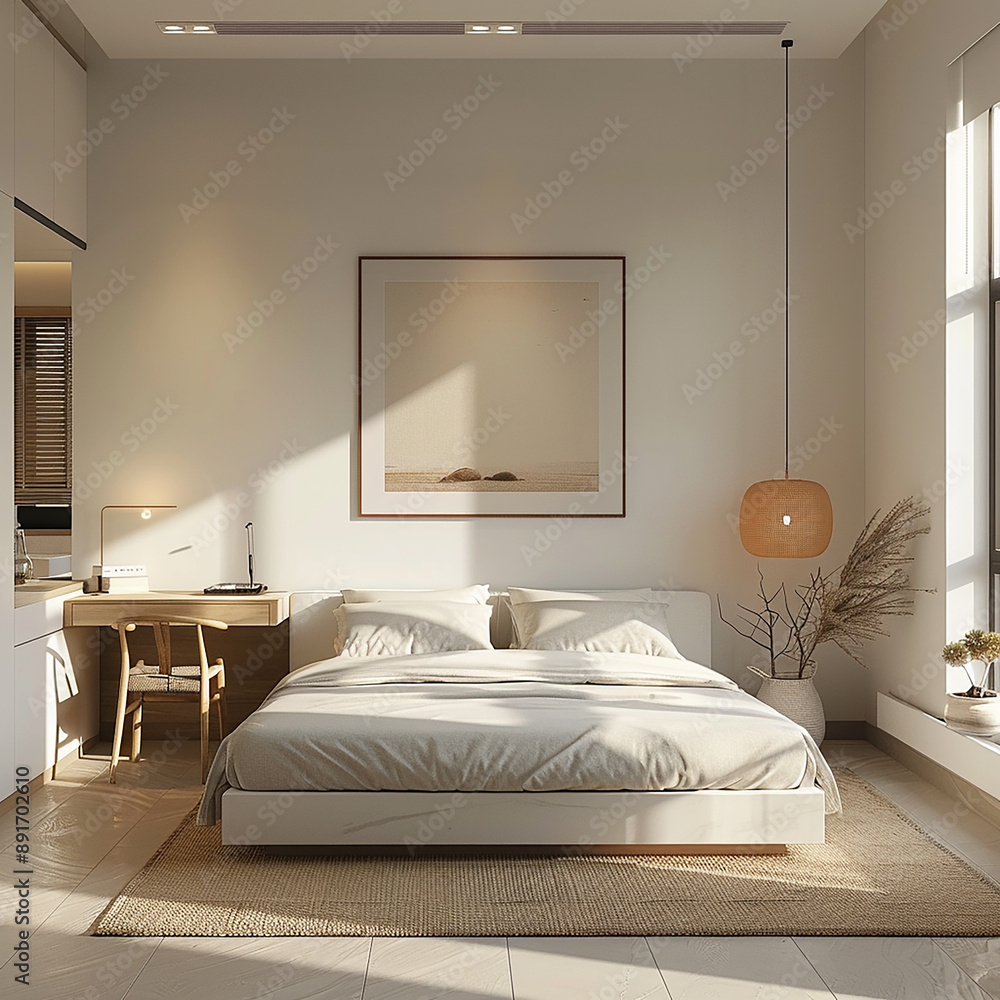 A sophisticated white modern bedroom, featuring a photo frame on the headboard, the bed placed centrally, with an uncluttered desk and chairs adjacent to a window letting in soft daylight. A sophisticated white modern bedroom, featuring a photo frame on the headboard, the bed placed centrally, with an uncluttered desk and chairs adjacent to a window letting in soft daylight.