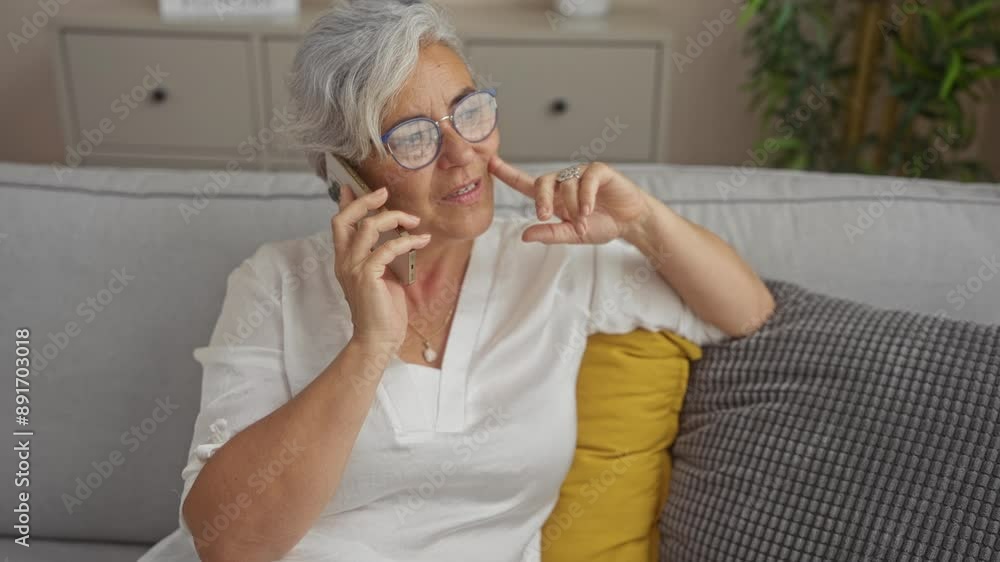 Elderly woman talking on phone while sitting on a comfortable couch in a cozy living room, wearing eyeglasses and a white shirt, exuding relaxation and happiness with a hint of contemplation. Elderly woman talking on phone while sitting on a comfortable couch in a cozy living room, wearing eyeglasses and a white shirt, exuding relaxation and happiness with a hint of contemplation.