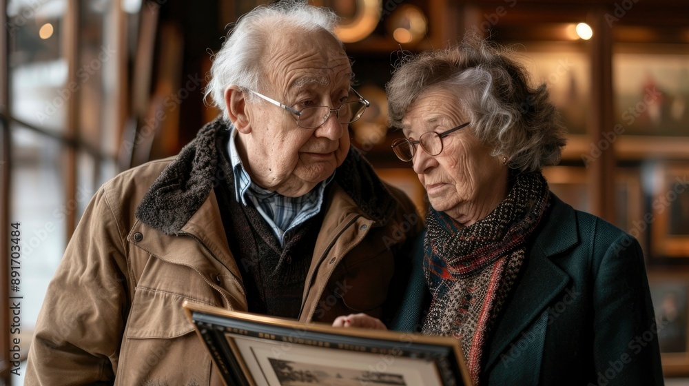 An elderly couple exploring a historic museum, captivated by the exhibits and artifacts. The elegant museum setting and their engaged expressions highlight the value of cultural enrichment and An elderly couple exploring a historic museum, captivated by the exhibits and artifacts. The elegant museum setting and their engaged expressions highlight the value of cultural enrichment and