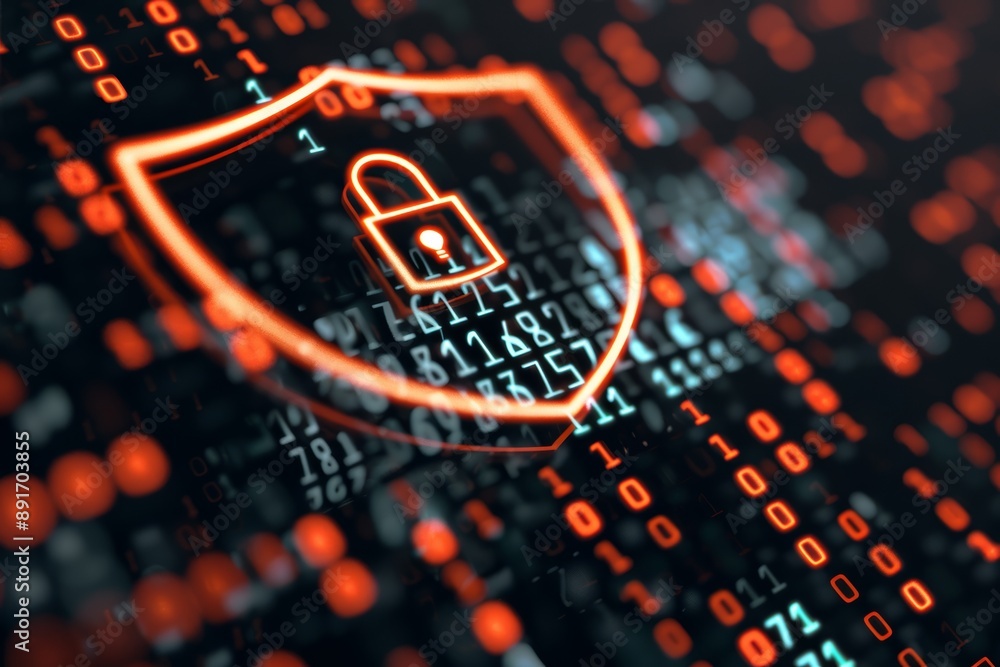 Digital security concept image featuring a glowing lock icon within a shield, overlaid on a background of binary code in shades of red and black Digital security concept image featuring a glowing lock icon within a shield, overlaid on a background of binary code in shades of red and black