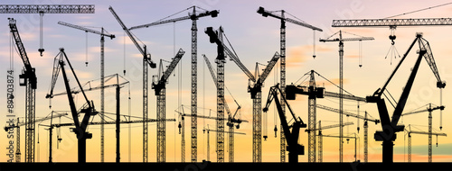 Big set of Tower construction crane. Vector with building cranes, isolated on sunset sky background. Collection of Construction black silhouettes site line sketch, hand drawn, vector.