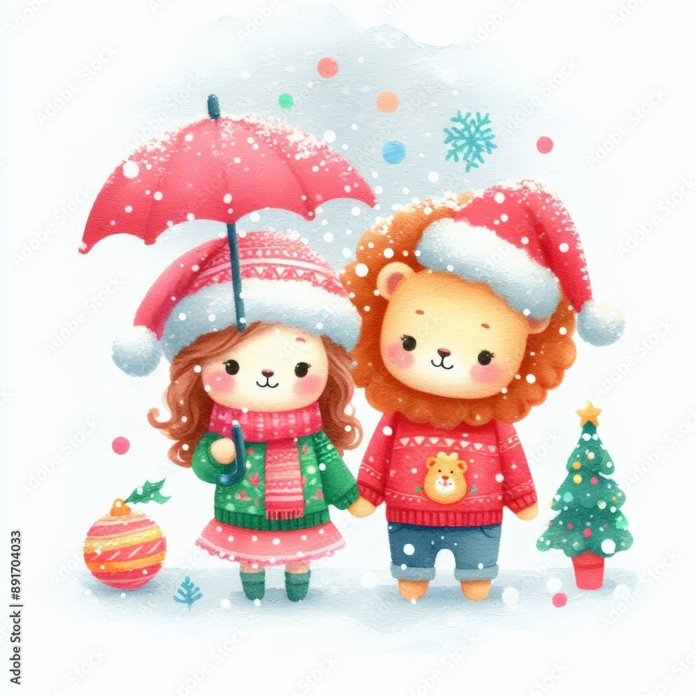 A cute lion and girl in winter clothes holding hands under a red umbrella in a snowy Christmas scene.