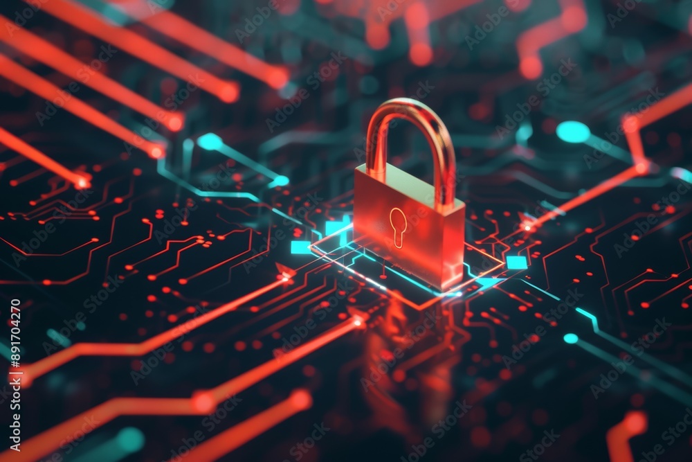 A red padlock stands on a glowing circuit board, representing cybersecurity and data protection in a digital technology environment A red padlock stands on a glowing circuit board, representing cybersecurity and data protection in a digital technology environment