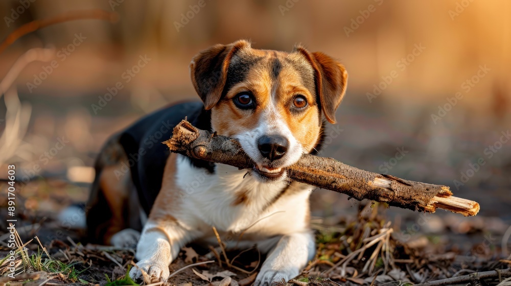 Cute Jack Russell Terrier Dog Lying in Forest with Stick in Mouth Cute Jack Russell Terrier Dog Lying in Forest with Stick in Mouth