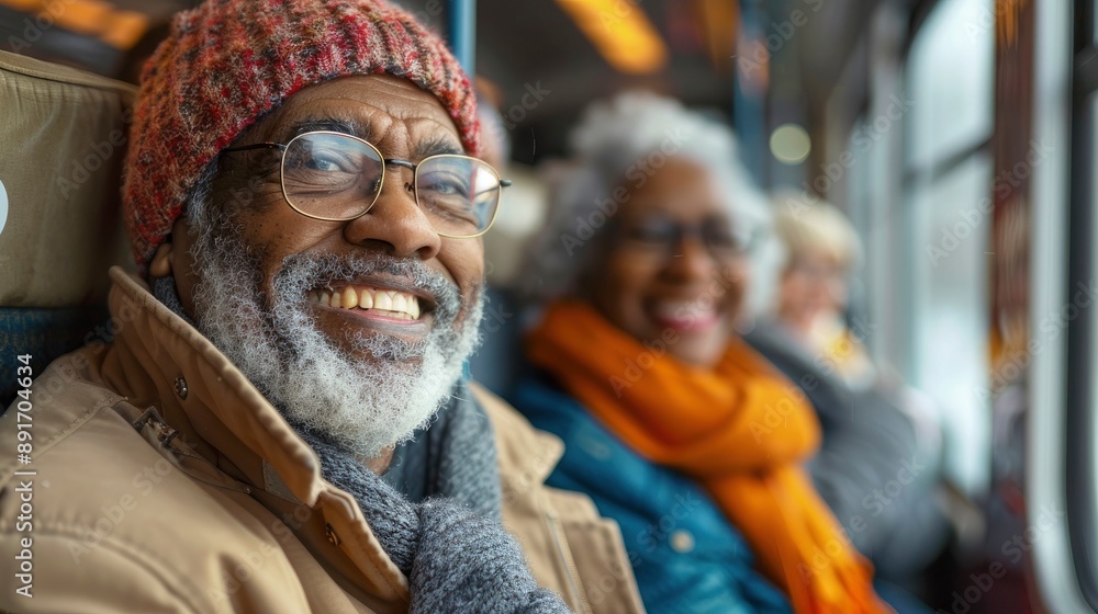 A group of seniors enjoying a scenic train ride through the countryside, their faces lit up with excitement and curiosity. The comfortable train setting and picturesque views highlight the adventure