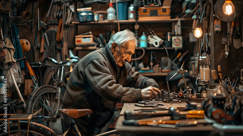 An elderly man repairing a bicycle in a well-organized workshop, his tools and spare parts neatly arranged. The hands-on activity and mechanical focus illustrate the satisfaction of maintaining and An elderly man repairing a bicycle in a well-organized workshop, his tools and spare parts neatly arranged. The hands-on activity and mechanical focus illustrate the satisfaction of maintaining and