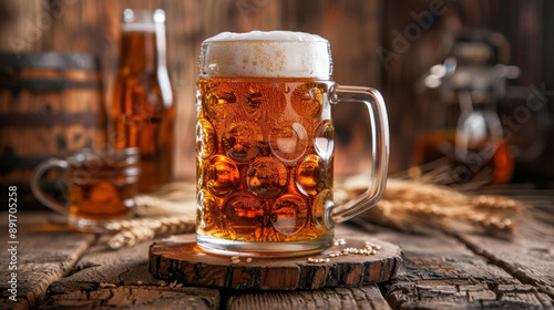 Frosty beer mug filled with amber beer, sitting on a rustic wooden table, surrounded by barley and wheat.