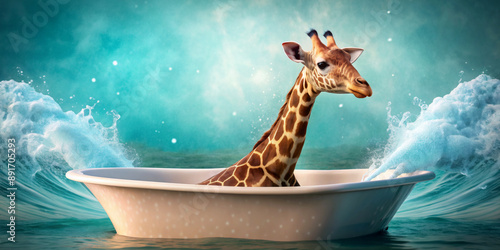 A giraffe's head and neck emerge from a bathtub floating in the ocean. Waves crash around the tub against a backdrop of a dreamy, teal sky with copy space.AI generated.