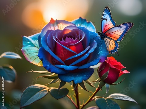 Beautiful blue rose with butterfly on nature background. Soft focus.