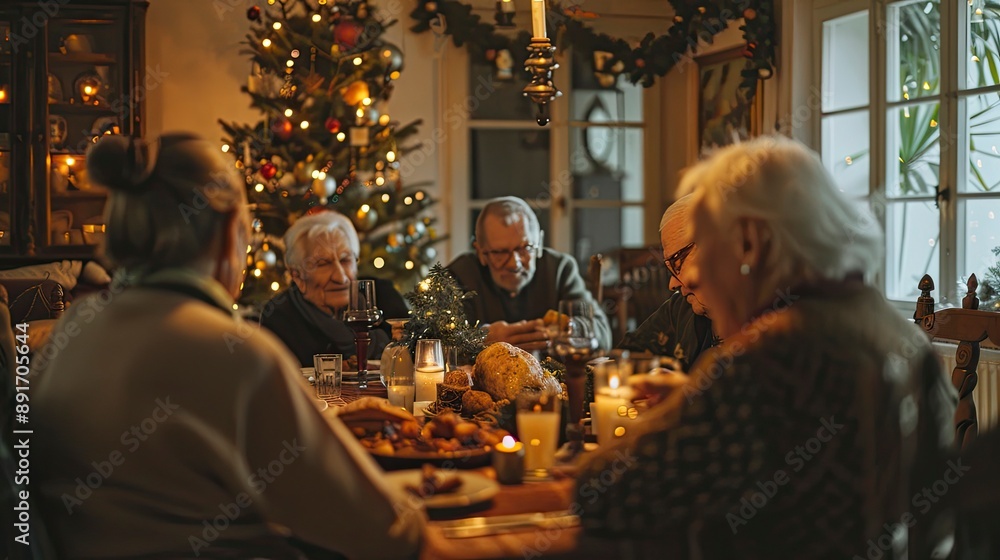 Naklejka premium A group of seniors enjoying a festive holiday party, the room decorated with twinkling lights and seasonal decor. The cheerful atmosphere and social gathering highlight the importance of celebrating