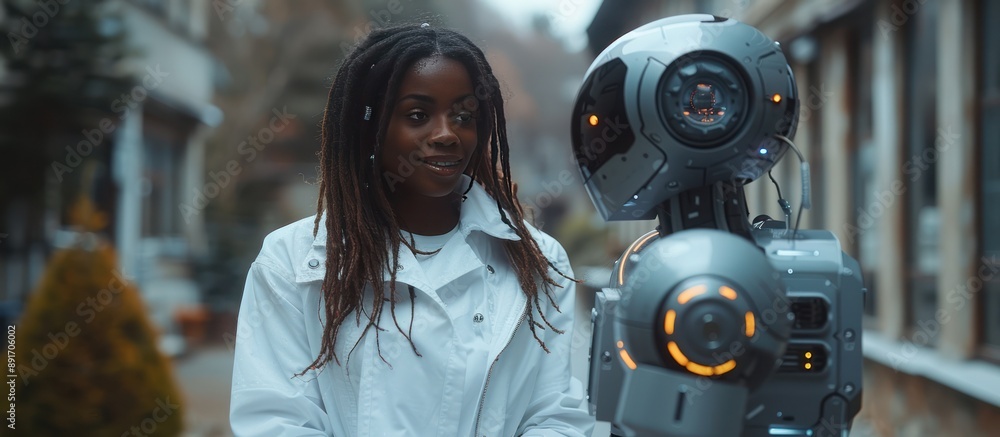 Fototapeta premium Woman Talking to a Robot in a City Street