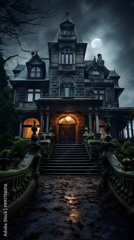 Haunted Victorian Mansion at Full Moon