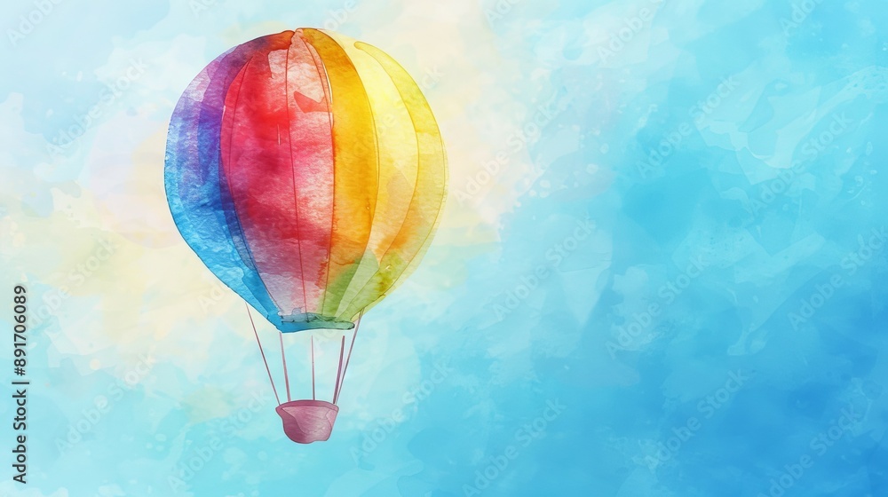 Fototapeta premium Colorful hot air balloon soaring through sky. A vibrant hot air balloon floats against a watercolor sky, capturing the essence of adventure and freedom.