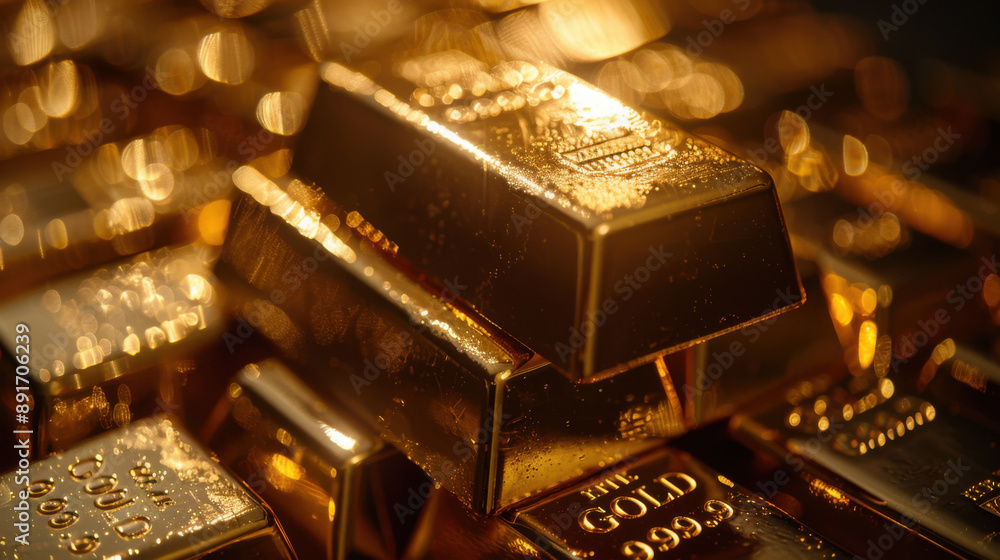 Close-up of stacked gold bars, highlighting their gleaming surfaces and details, symbolizing wealth, investment, and luxury. Close-up of stacked gold bars, highlighting their gleaming surfaces and details, symbolizing wealth, investment, and luxury.