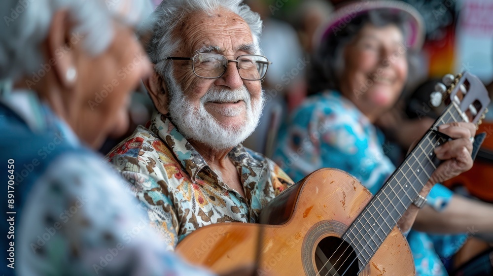 A group of seniors enjoying a lively music jam session in a community center, playing various instruments and singing together. The musical focus and collaborative spirit highlight the joy of shared A group of seniors enjoying a lively music jam session in a community center, playing various instruments and singing together. The musical focus and collaborative spirit highlight the joy of shared