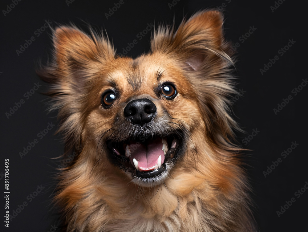 Close-Up Portraits of Happy Fluffy Dogs with Joyful Expressions on Black Backgrounds Showcasing Well-Groomed Fur and Playful Personalities Close-Up Portraits of Happy Fluffy Dogs with Joyful Expressions on Black Backgrounds Showcasing Well-Groomed Fur and Playful Personalities