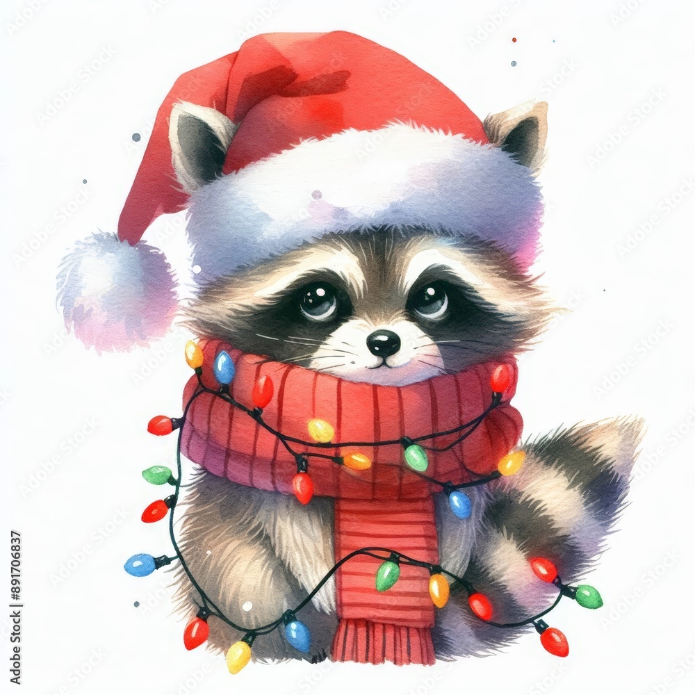 A cute raccoon wearing a Santa hat and a scarf with Christmas lights. A cute raccoon wearing a Santa hat and a scarf with Christmas lights.