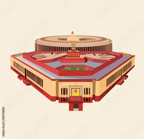 New Indian parliament building vector illustration with old parliament. 