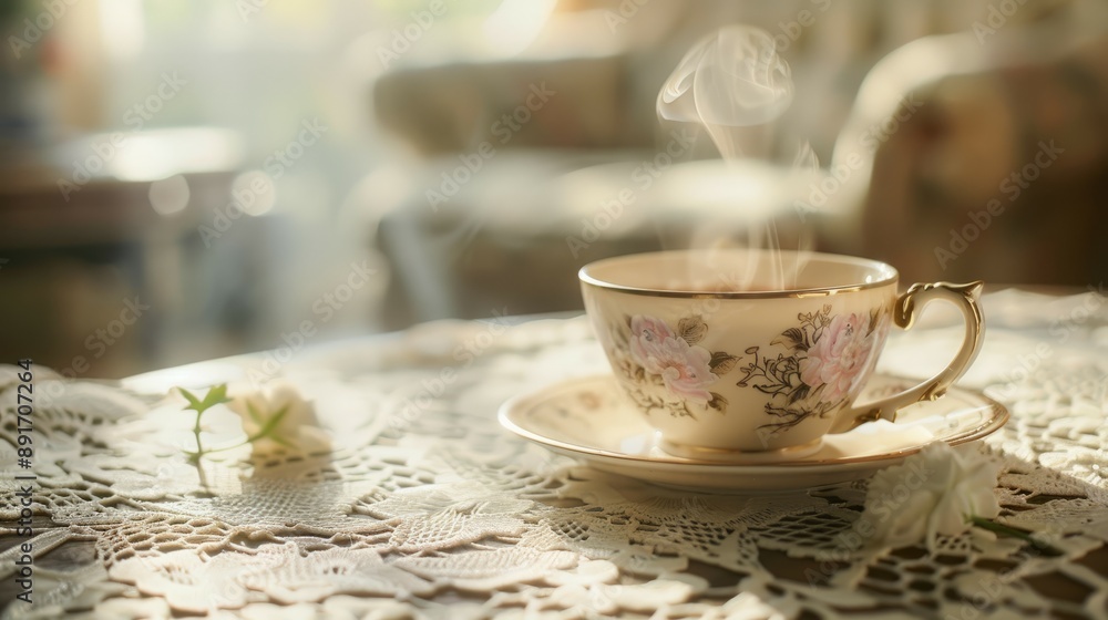 Floral teacup on lace tablecloth. A delicate floral teacup sits on a lace tablecloth with a steaming cup of tea, inviting a moment of tranquility. Floral teacup on lace tablecloth. A delicate floral teacup sits on a lace tablecloth with a steaming cup of tea, inviting a moment of tranquility.