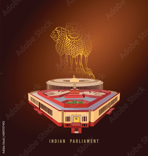 Indian parliament vector illustration isolated on dark background. India t symbol