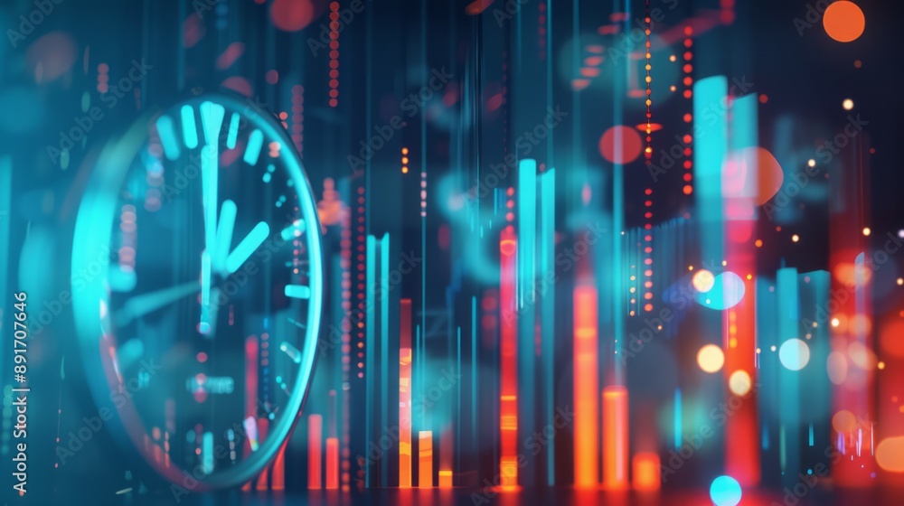 Clock and data visualization. A clock face in the foreground with blue and red data visualizations in the background. Clock and data visualization. A clock face in the foreground with blue and red data visualizations in the background.