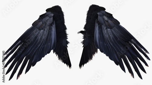 Pairs of black devil wings isolated on white background. Birds isolated on white. Photo realistic photo.