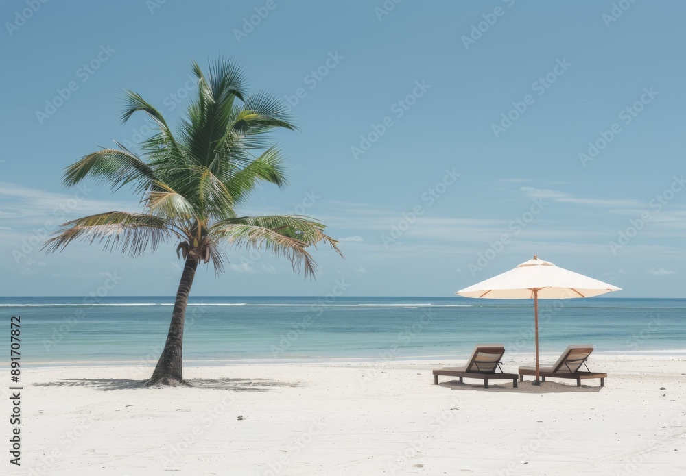 beautiful beach with palm trees and chairs, blue sky, sun shining on the white sand beautiful beach with palm trees and chairs, blue sky, sun shining on the white sand