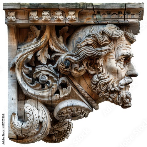 Intricately carved wooden architectural detail featuring a bearded man's face and ornate floral design.