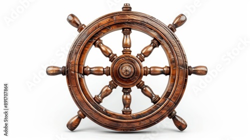 Vintage wooden ship steering wheel isolated on white background, ideal for maritime and nautical themed designs and projects. photo