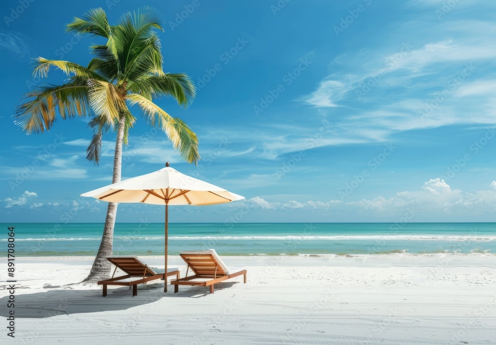 Fototapeta premium beautiful beach with palm trees and chairs, blue sky, sun shining on the white sand