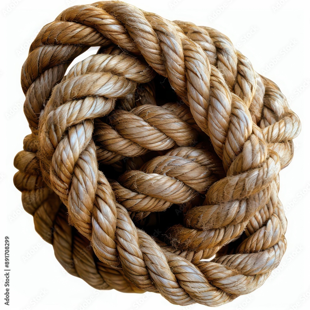 Close-up of a tightly knotted, thick brown rope, perfect for nautical themes and maritime decor. High-resolution stock photo shot on white background. Close-up of a tightly knotted, thick brown rope, perfect for nautical themes and maritime decor. High-resolution stock photo shot on white background.