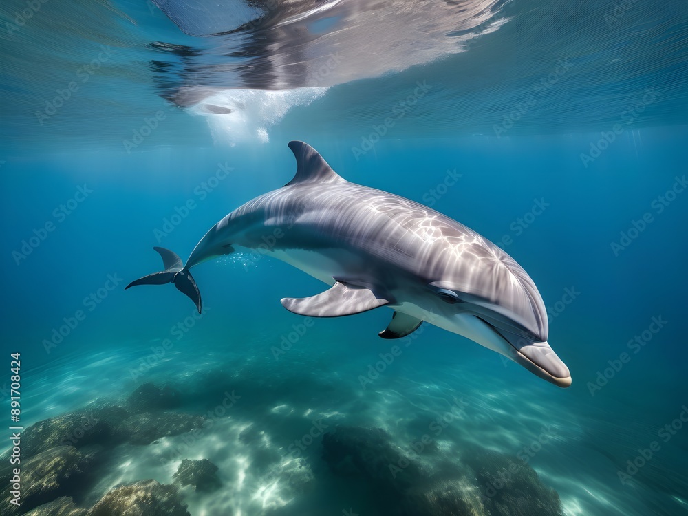 Obraz premium Dolphin swimming in the blue water.