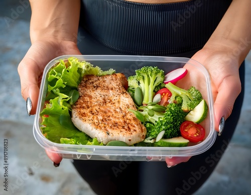 Close-up of a plastic tupper containing a healthy meal of white meat and mixed vegetables, held by a young woman. Healthy and balanced meal concept.