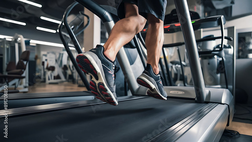 Close-up of man feet on a treadmill running at the gym or at home