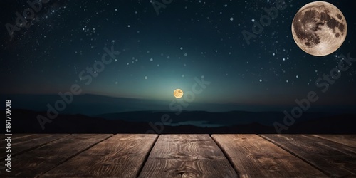 Empty wooden table and full moon night background product display template.