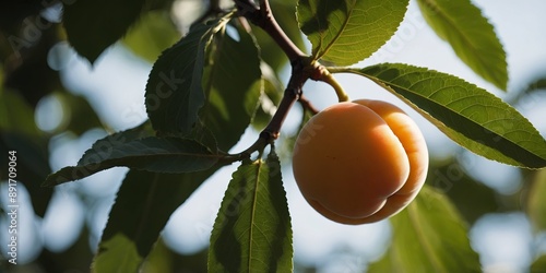 Graceful silhouette of an apricot on a leafy background. photo