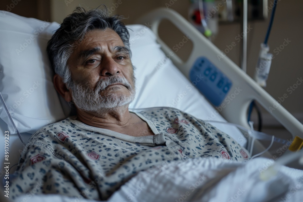 Obraz premium An elderly man lies in a hospital bed with a pensive expression, surrounded by medical equipment, reflecting the struggles and introspective moments in a medical setting.