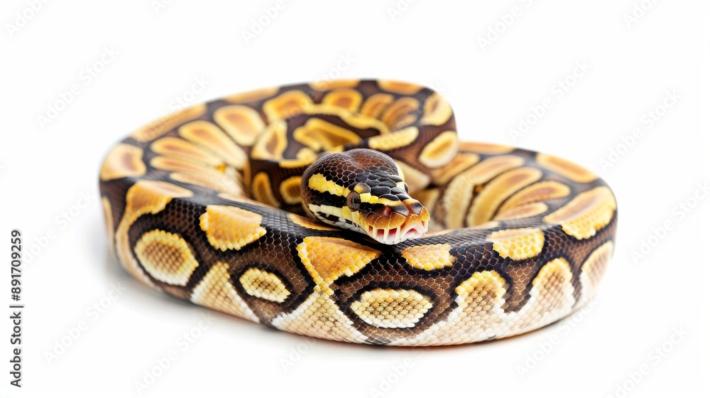 Calico ball python with pastel citrus colors, isolated on a white background, perfect for adding text in the copy space image. Reptiles isolated on white. Photo realistic photo. Calico ball python with pastel citrus colors, isolated on a white background, perfect for adding text in the copy space image. Reptiles isolated on white. Photo realistic photo.