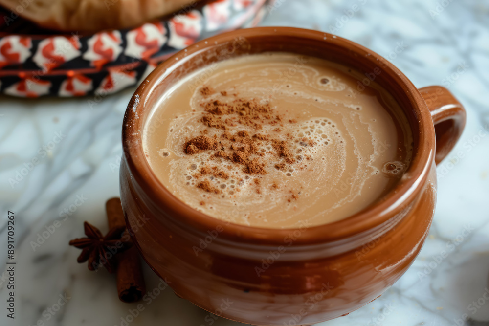 closeup view, hot chocolate in rustic brown ceramic mugs on a marble siurface closeup view, hot chocolate in rustic brown ceramic mugs on a marble siurface