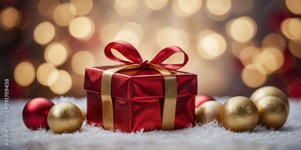 festive red and gold wrapped presents on blurred holiday background seasonal marketing and advertising concept. festive red and gold wrapped presents on blurred holiday background seasonal marketing and advertising concept.