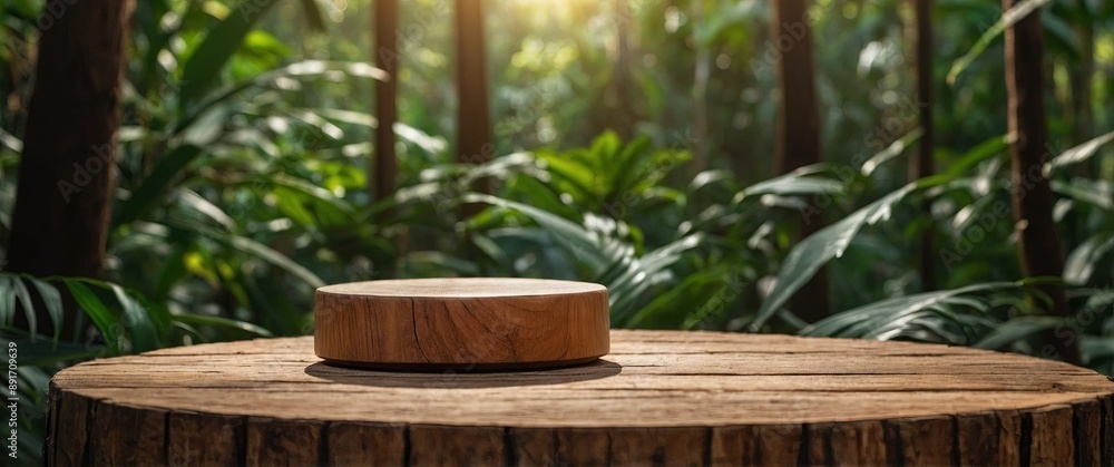 Wooden product display podium in jungle forest and sunshine shadow background Product presentation theme Nature and Organic cosmetic and food concept. Wooden product display podium in jungle forest and sunshine shadow background Product presentation theme Nature and Organic cosmetic and food concept.