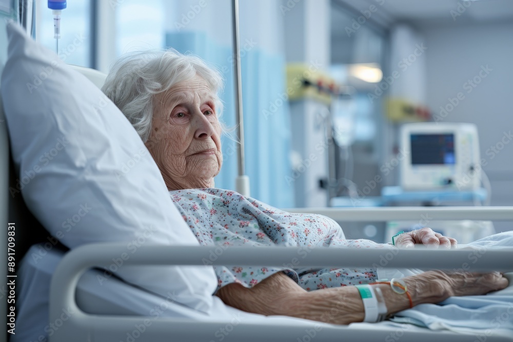 Obraz premium An elderly woman with a concerned expression lies in a hospital bed, surrounded by medical devices in a clinical environment, reflecting on her health and well-being.