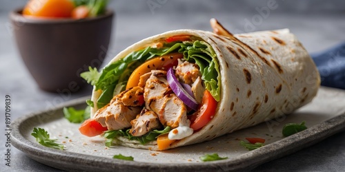 Grilled chicken wrap with vibrant veggies and a creamy dressing, presented on a clean white surface. photo