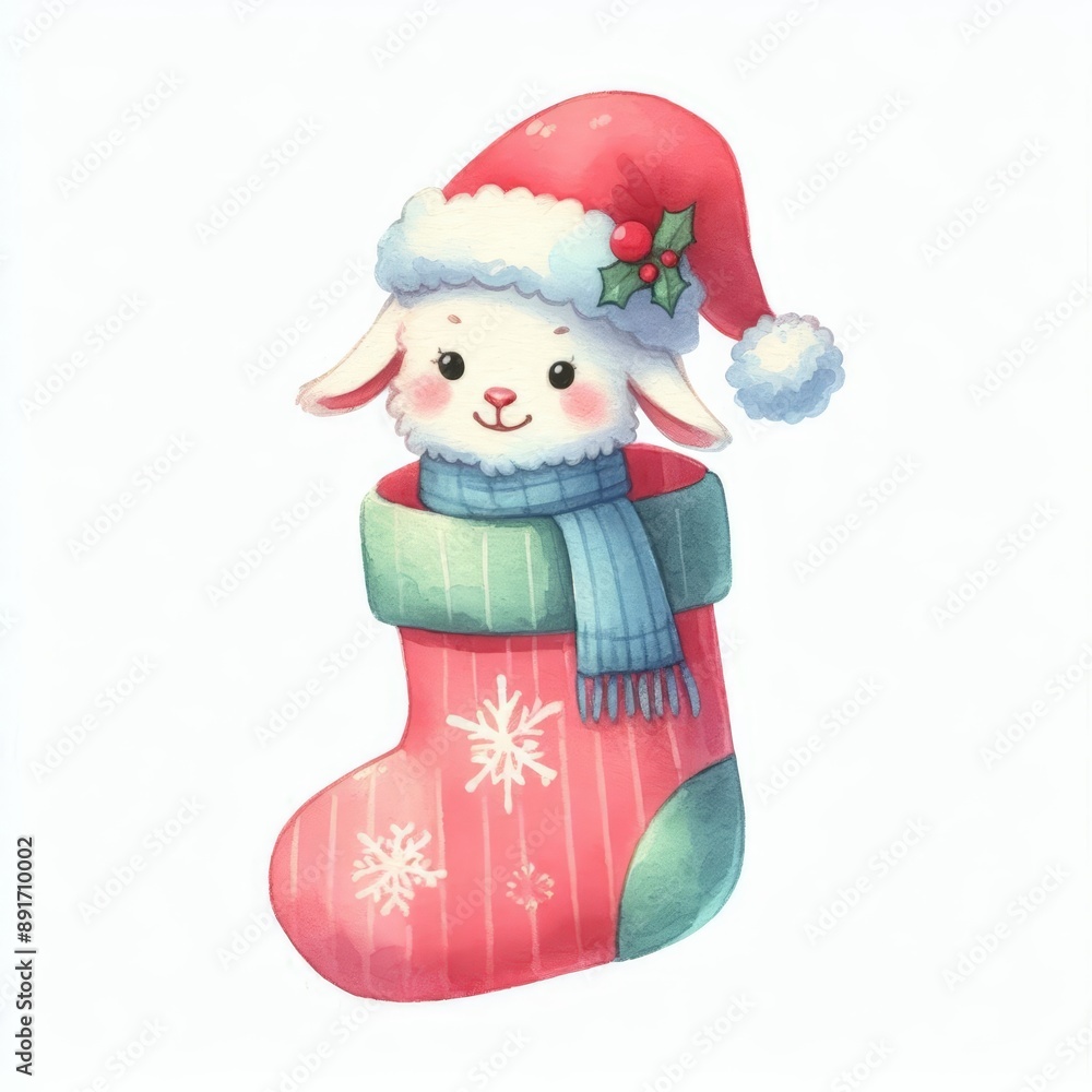 A cute white rabbit wearing a Santa hat and scarf peeks out of a Christmas stocking. A cute white rabbit wearing a Santa hat and scarf peeks out of a Christmas stocking.