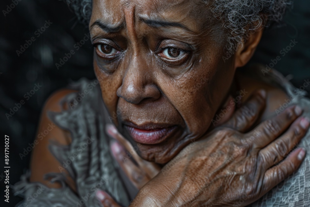 Close-up portrait of an elderly woman with a distressed facial expression, her hands clasped near her neck, conveying deep emotions and a sense of vulnerability. Close-up portrait of an elderly woman with a distressed facial expression, her hands clasped near her neck, conveying deep emotions and a sense of vulnerability.