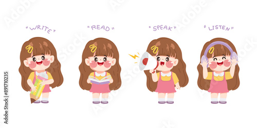Cute girl character write, read, speak and listen cartoon set illustration Premium Vector.