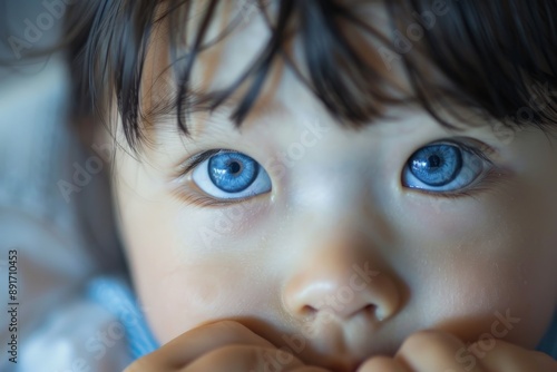 An artistic close-up image focusing on part of a woman's face with dark hair, highlighting the details and elegance, evoking feelings of mystery and introspection. photo